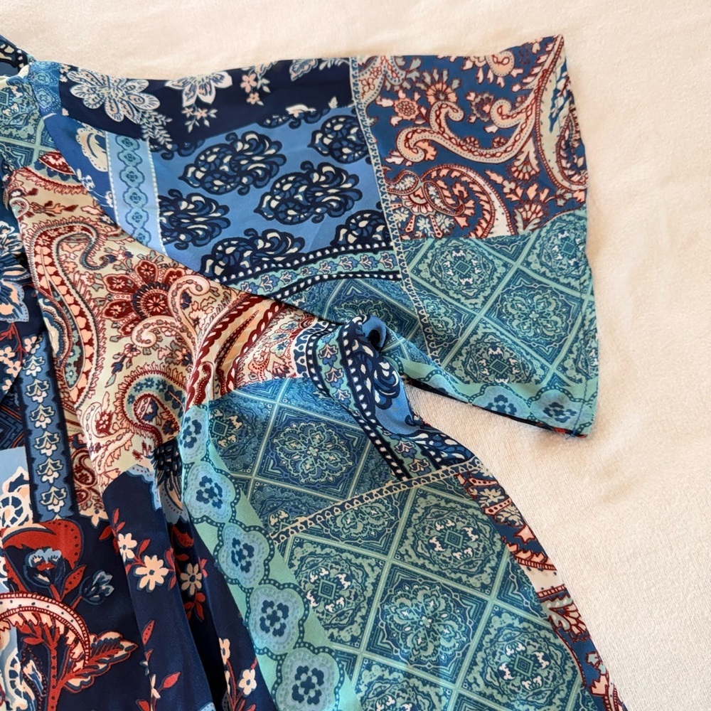 Patchwork Paisley Geometric Satin Button Up Shirt… - image 10